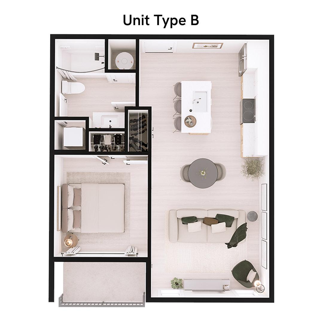 Type B - 1br/1bth